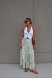 Sage Floral Tiered Maxi Skirt