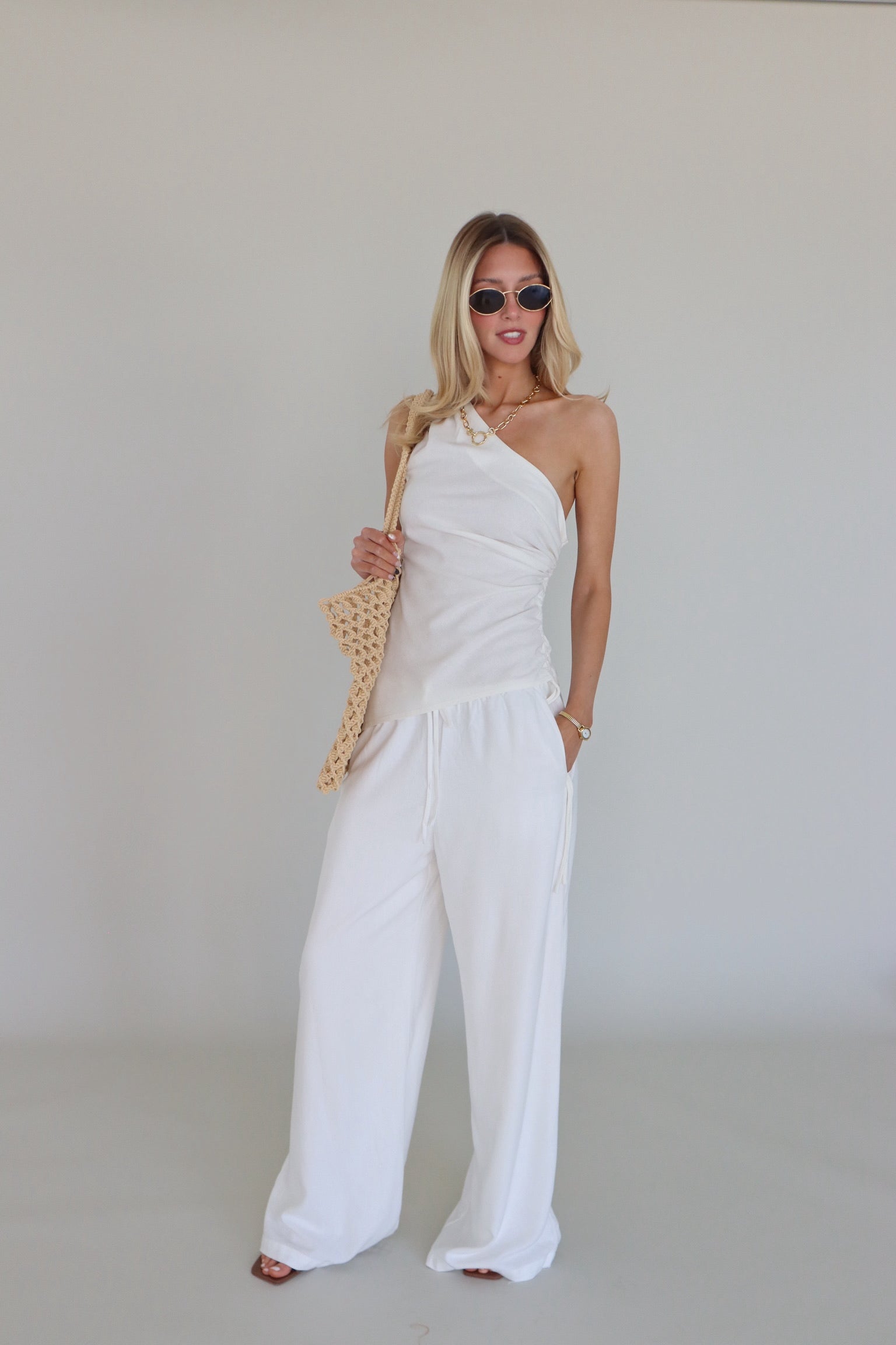 Inez Linen One Shoulder Top in Ivory