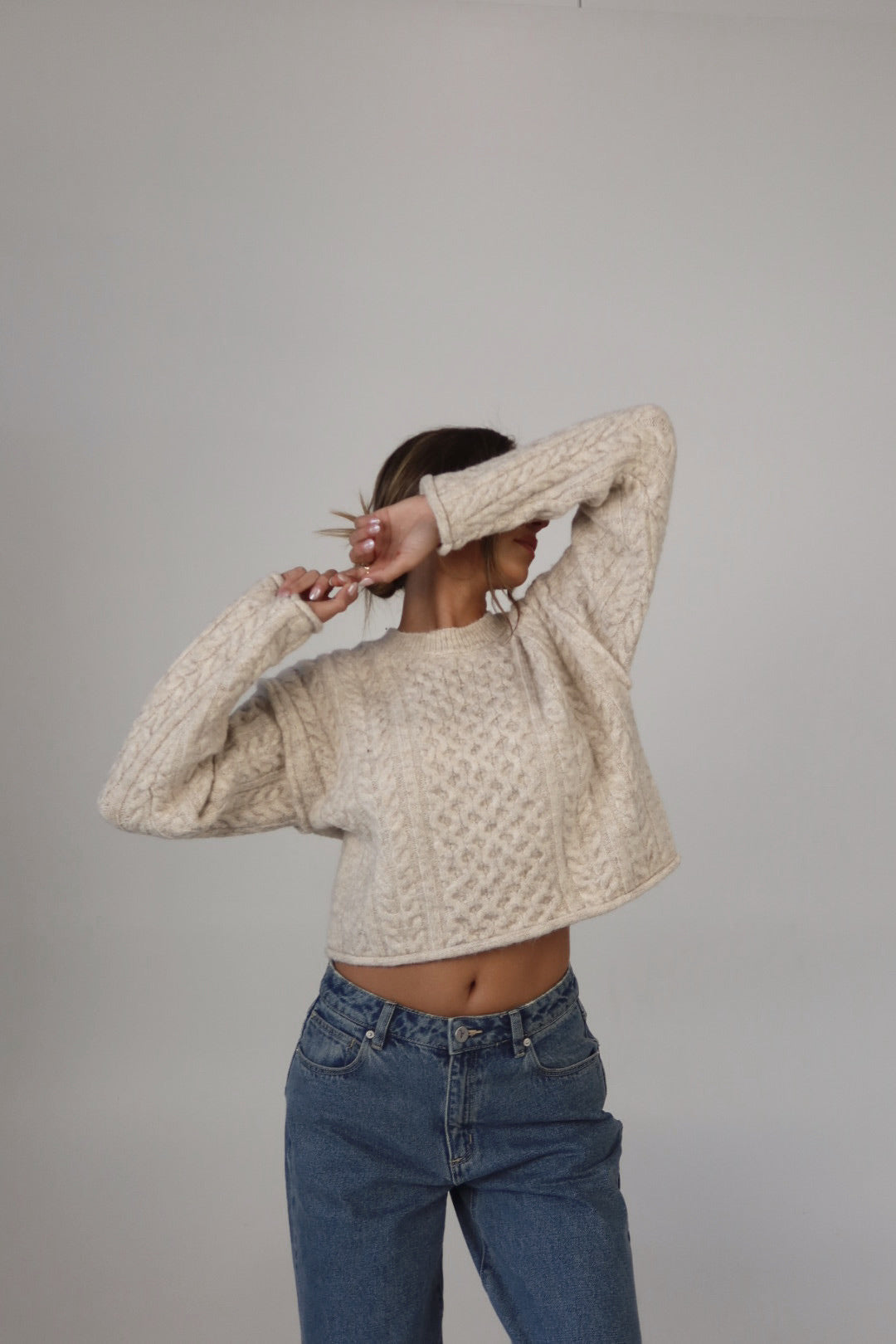 Eco Cable Knit Crew Sweater in Natural