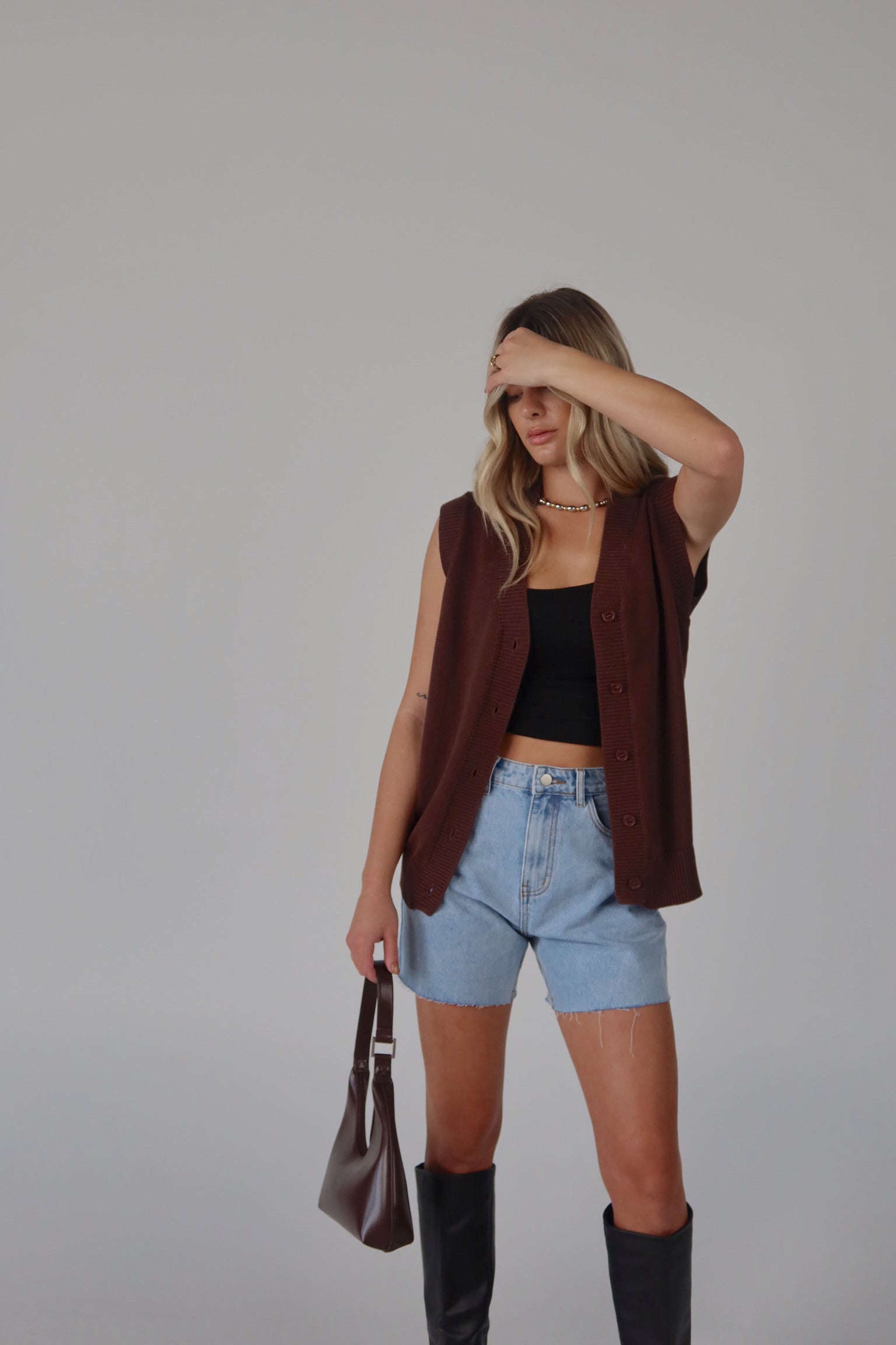 Brown Sleeveless Button-Down Sweater