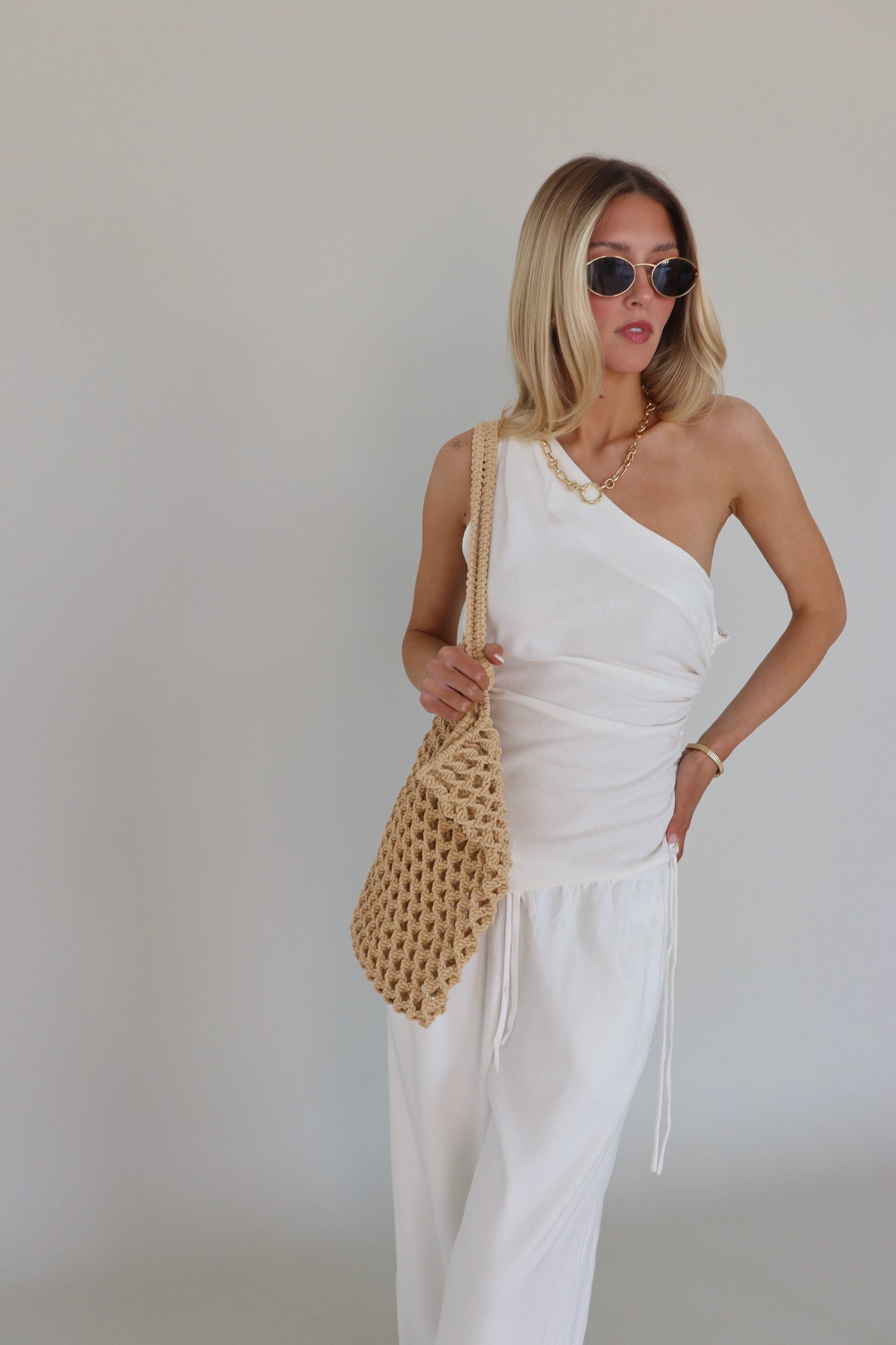 Inez Linen One Shoulder Top in Ivory