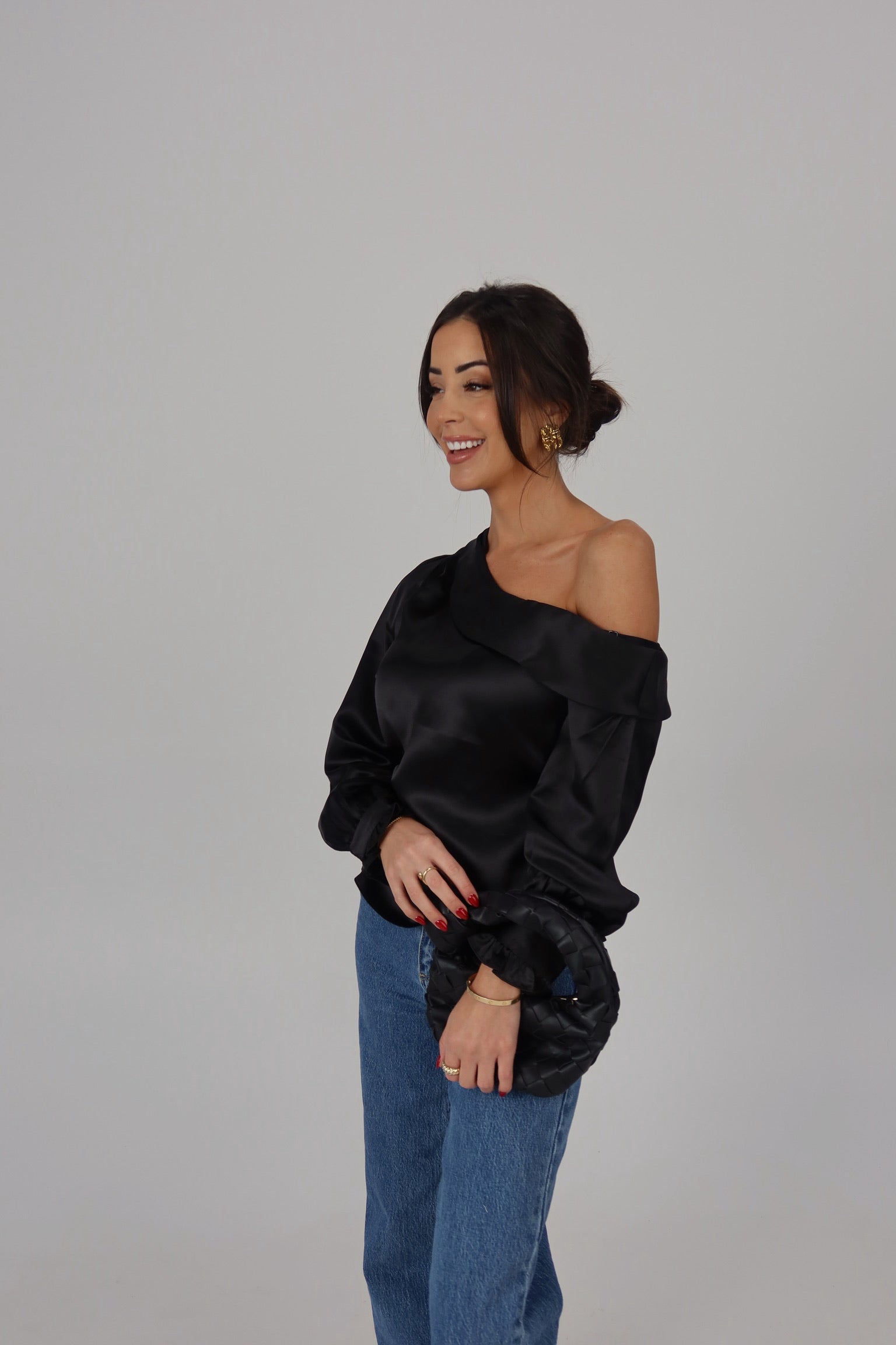 Black Satin Off Shoulder Long Sleeve Top