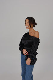 Black Satin Off Shoulder Long Sleeve Top