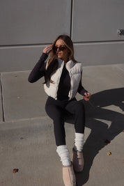 Cream Cropped Pleather Puffer Vest