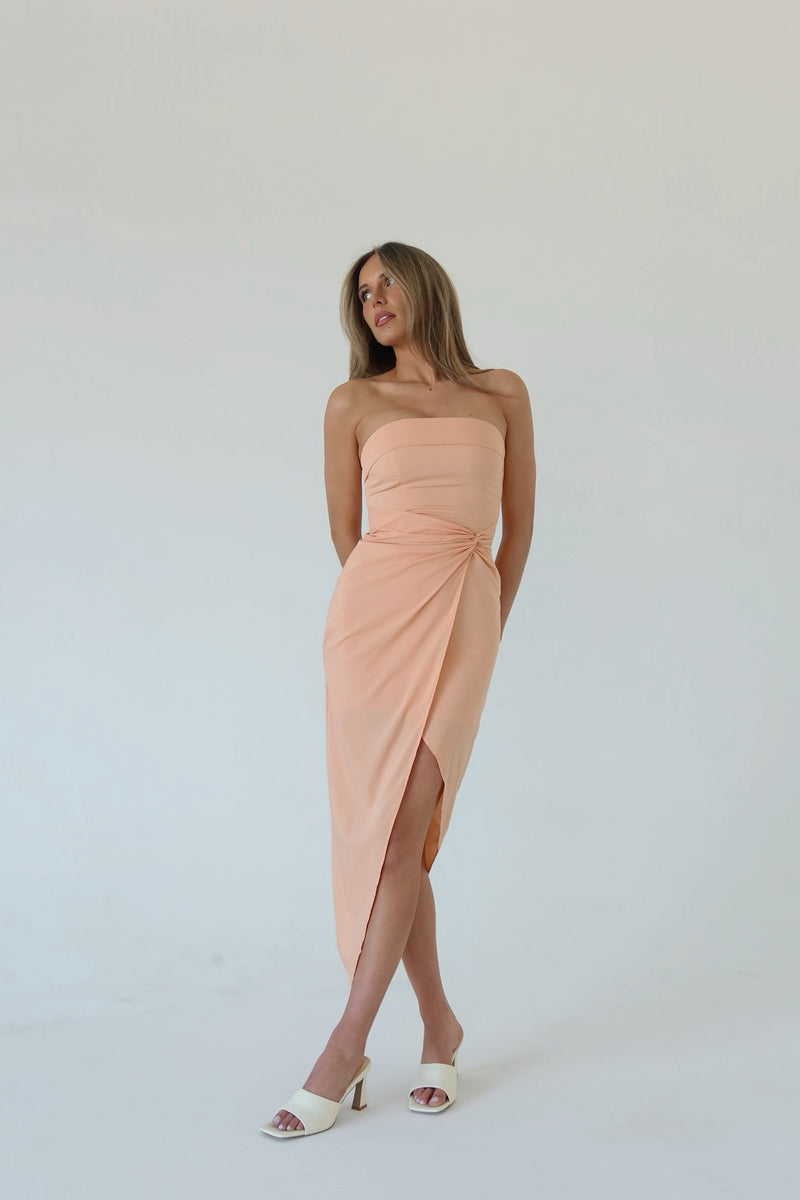 Jina Peach Wrap Strapless Midi Dress