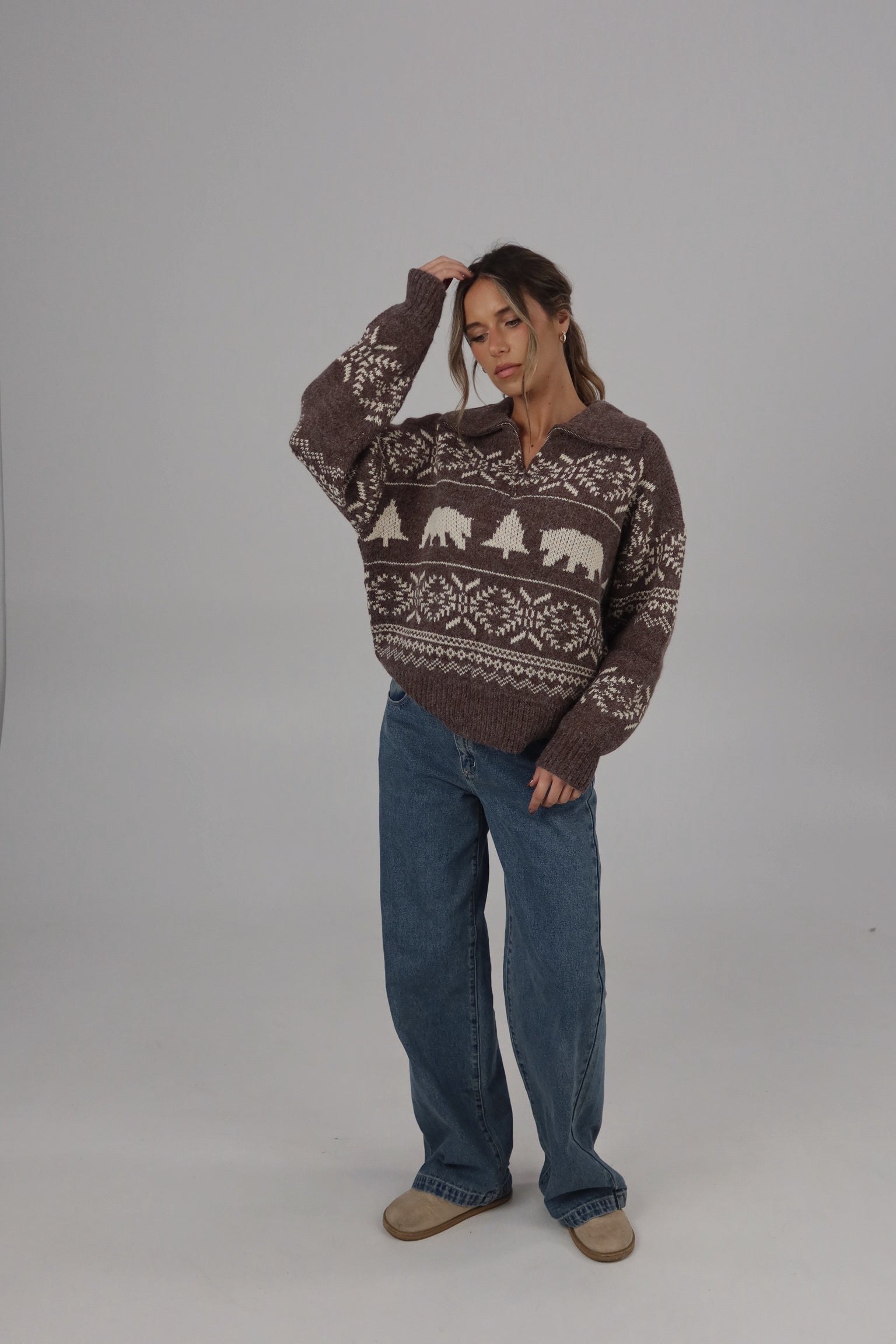 Holiday Vacation Quarter-Zip Knit in Brown/Beige