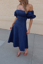 Denim Dreams Puff Sleeve A-Line Midi Dress