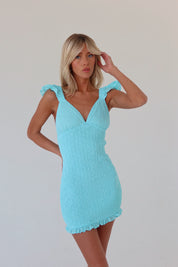 Aqua Smocked Eyelet Mini Dress