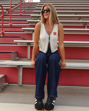 Nebraska Embroidered Contrast Knit Top