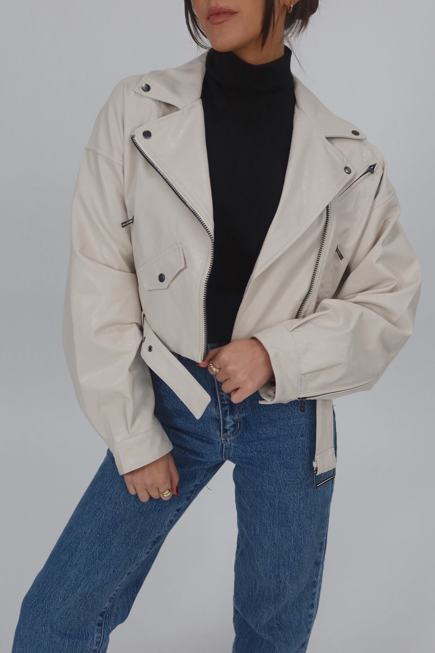 Classic Vegan Leather Jacket in Stone