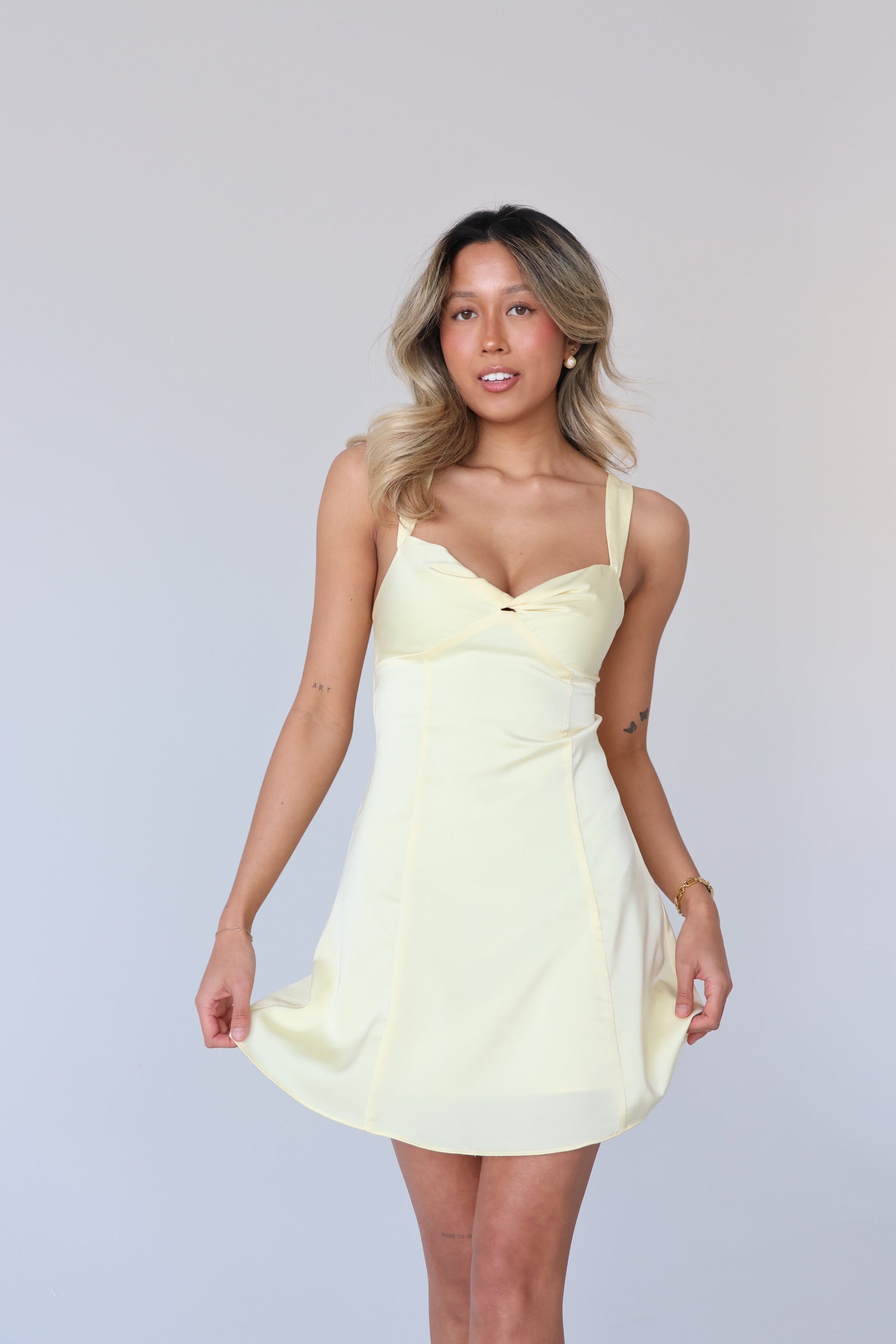 Lyra Satin Mini Dress in Yellow