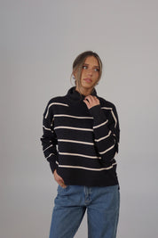 Striped Cozy Crop Turtleneck in Charcoal