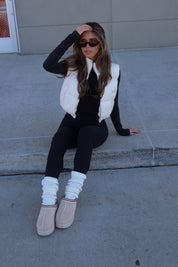 Cream Cropped Pleather Puffer Vest