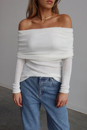 White Off-Shoulder Fold Knit Top