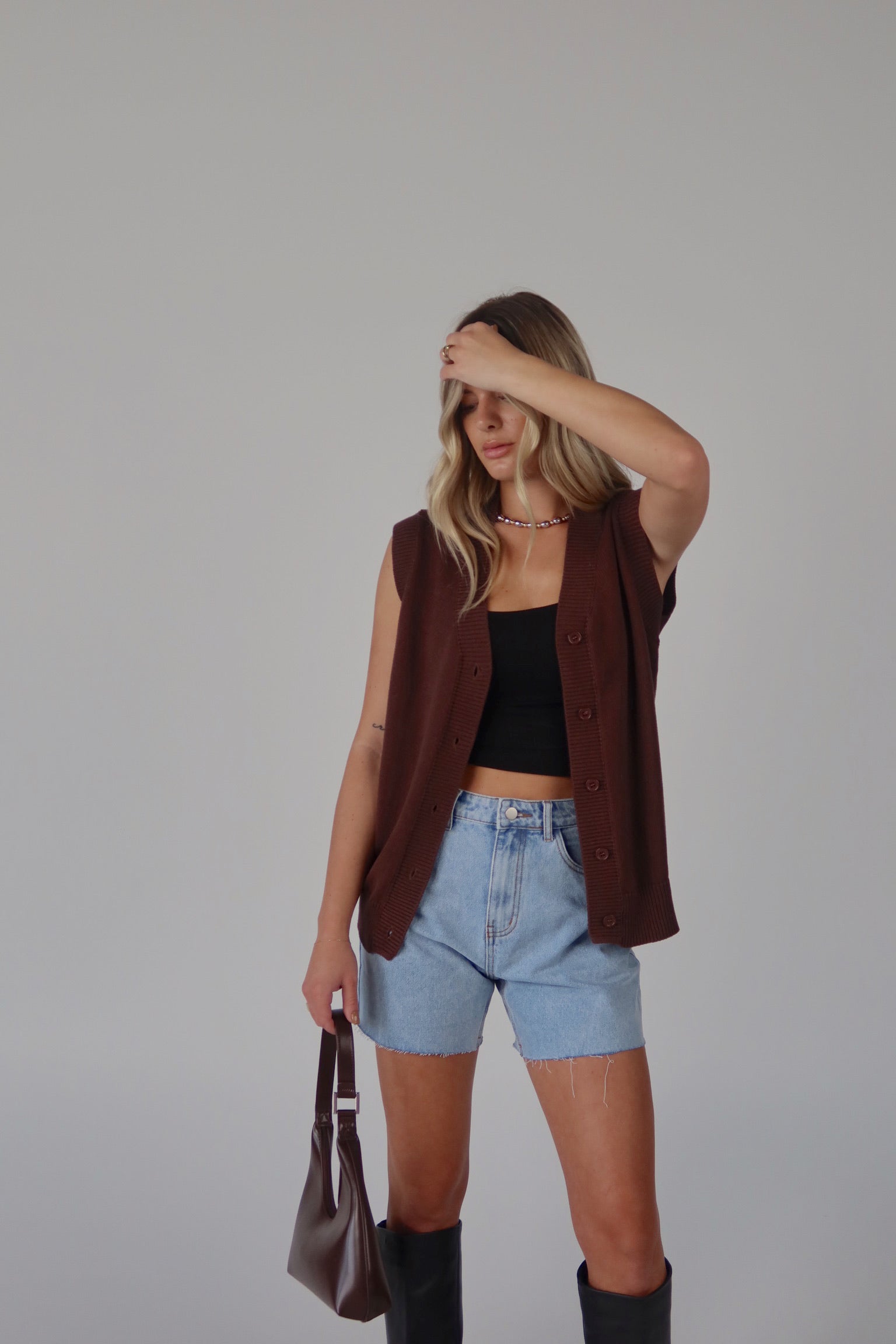 Brown Sleeveless Button-Down Sweater