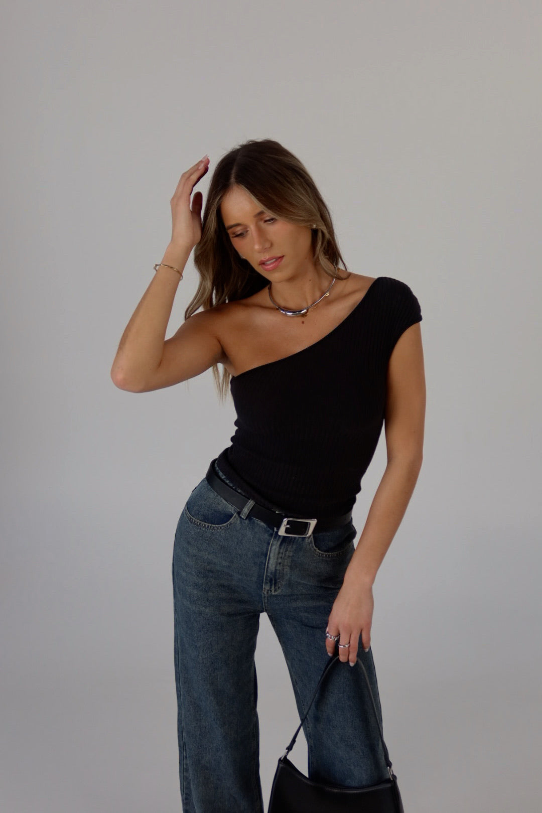 Asymmetric Ribbed Sleeveless Top in Black