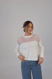 Cozy Crochet Contrast Sweater in White