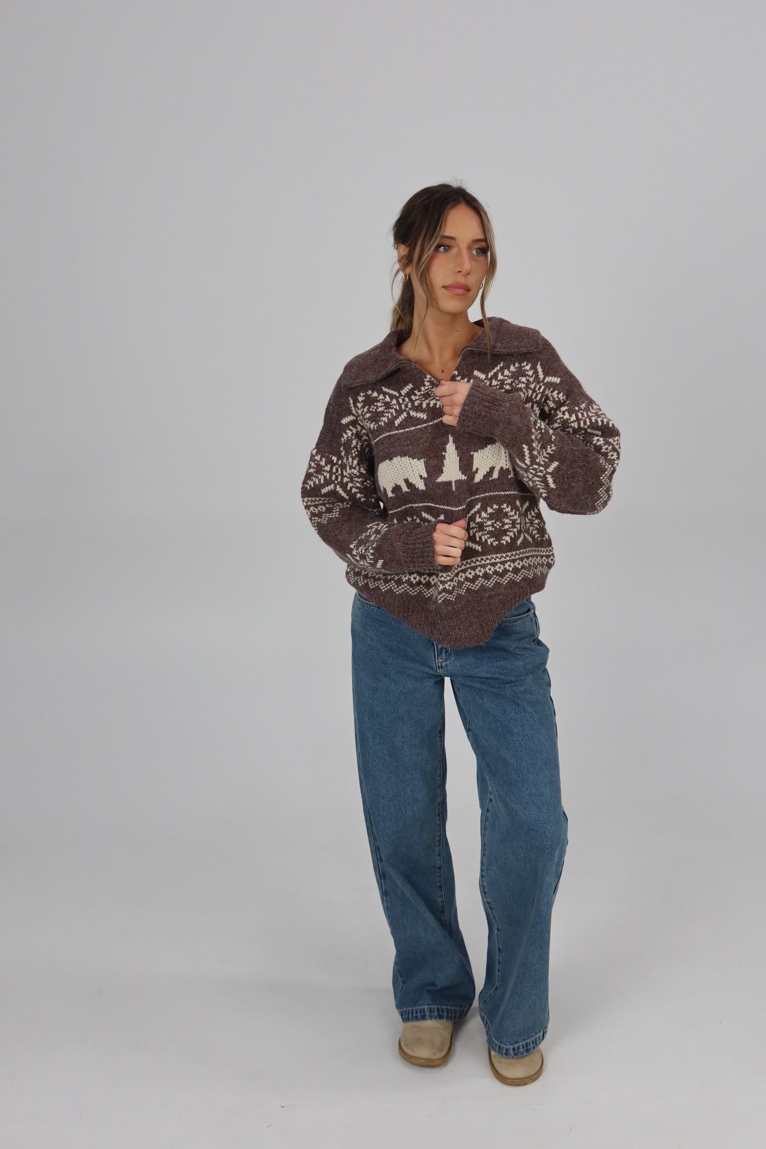 Holiday Vacation Quarter-Zip Knit in Brown/Beige