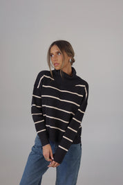 Striped Cozy Crop Turtleneck in Charcoal