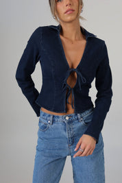 Stretch Denim Tie-Front Collared Top