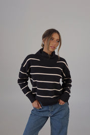 Striped Cozy Crop Turtleneck in Charcoal