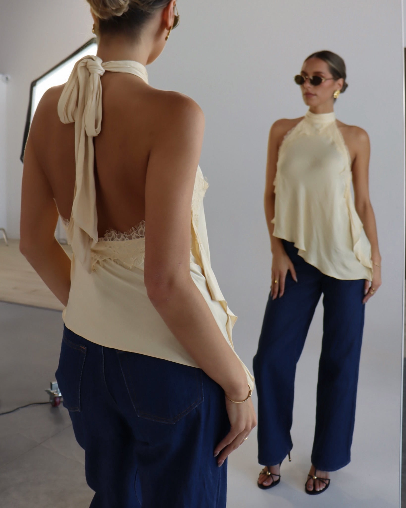 Capri Satin and Lace Contrast Halter Top