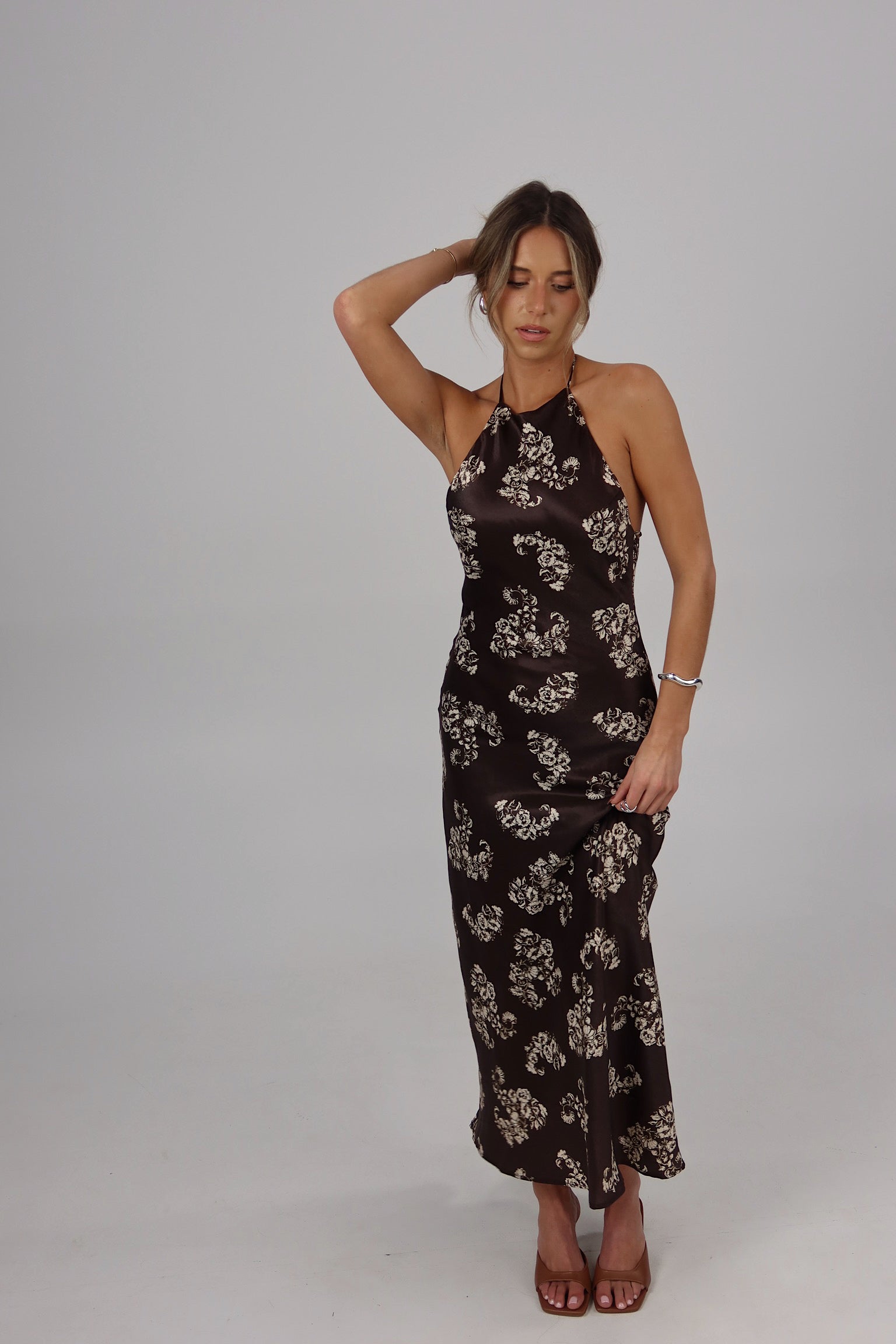 Vivienne Brown Floral Open Back Maxi Dress