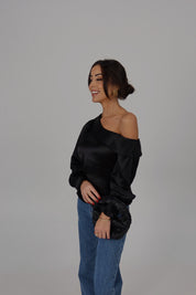 Black Satin Off Shoulder Long Sleeve Top