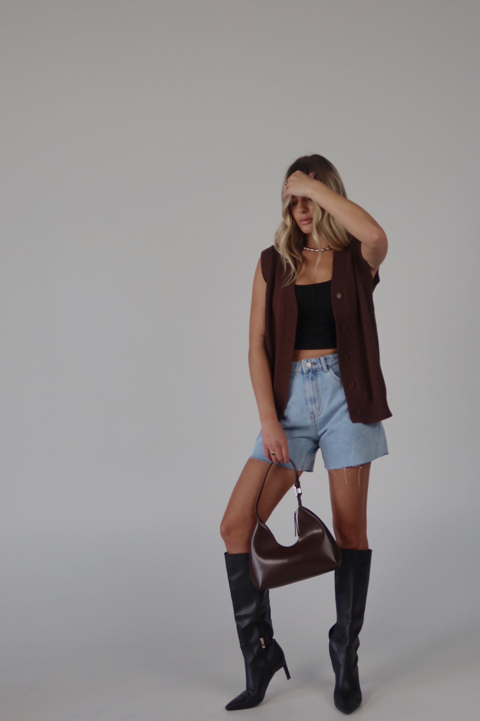 Brown Sleeveless Button-Down Sweater