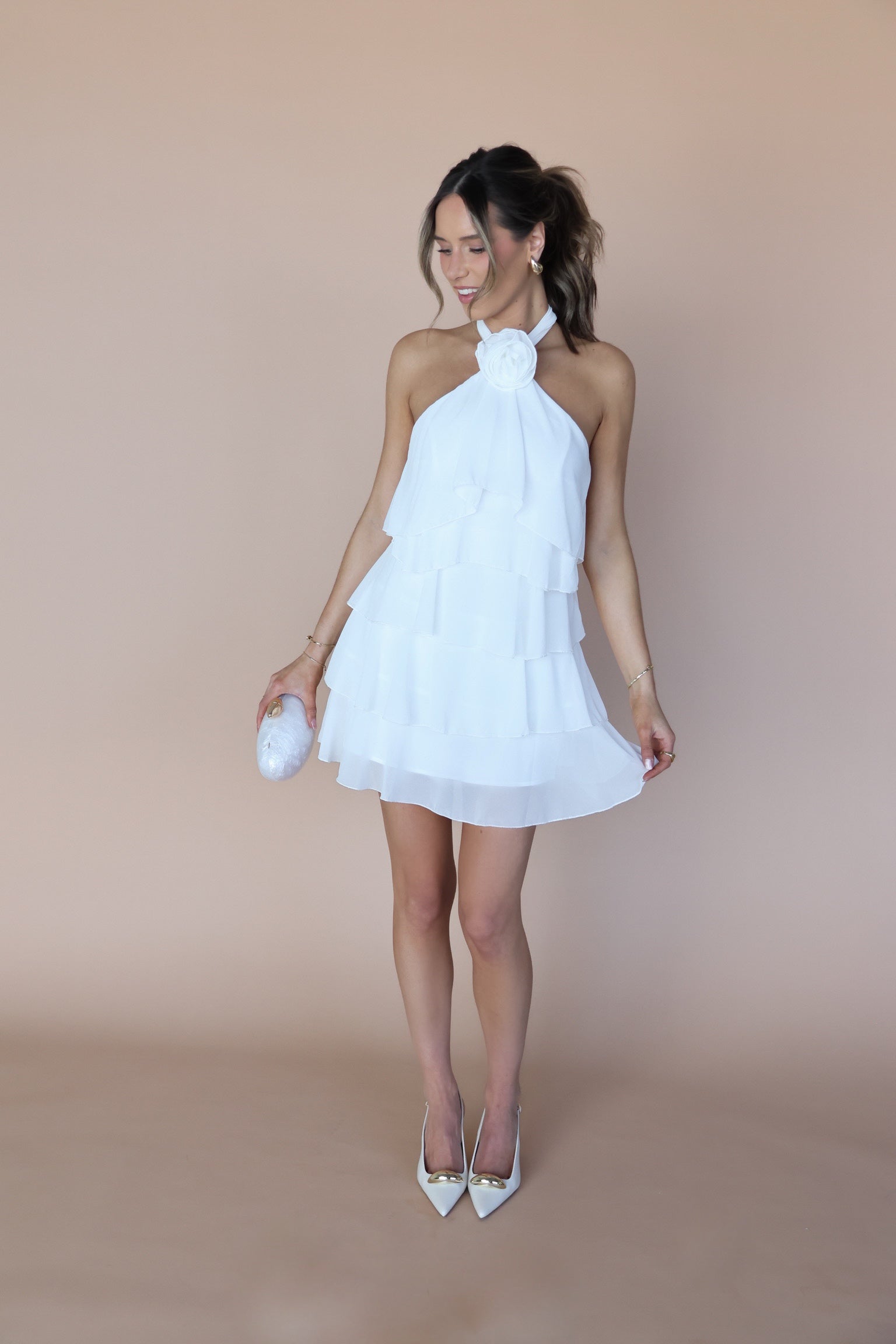 White Rosette Tiered Mini Dress