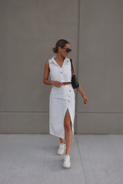 White Denim Button Down Top and Skirt Set