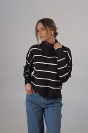 Striped Cozy Crop Turtleneck in Charcoal