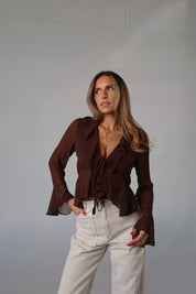 Brown Chiffon Tie-Front Top