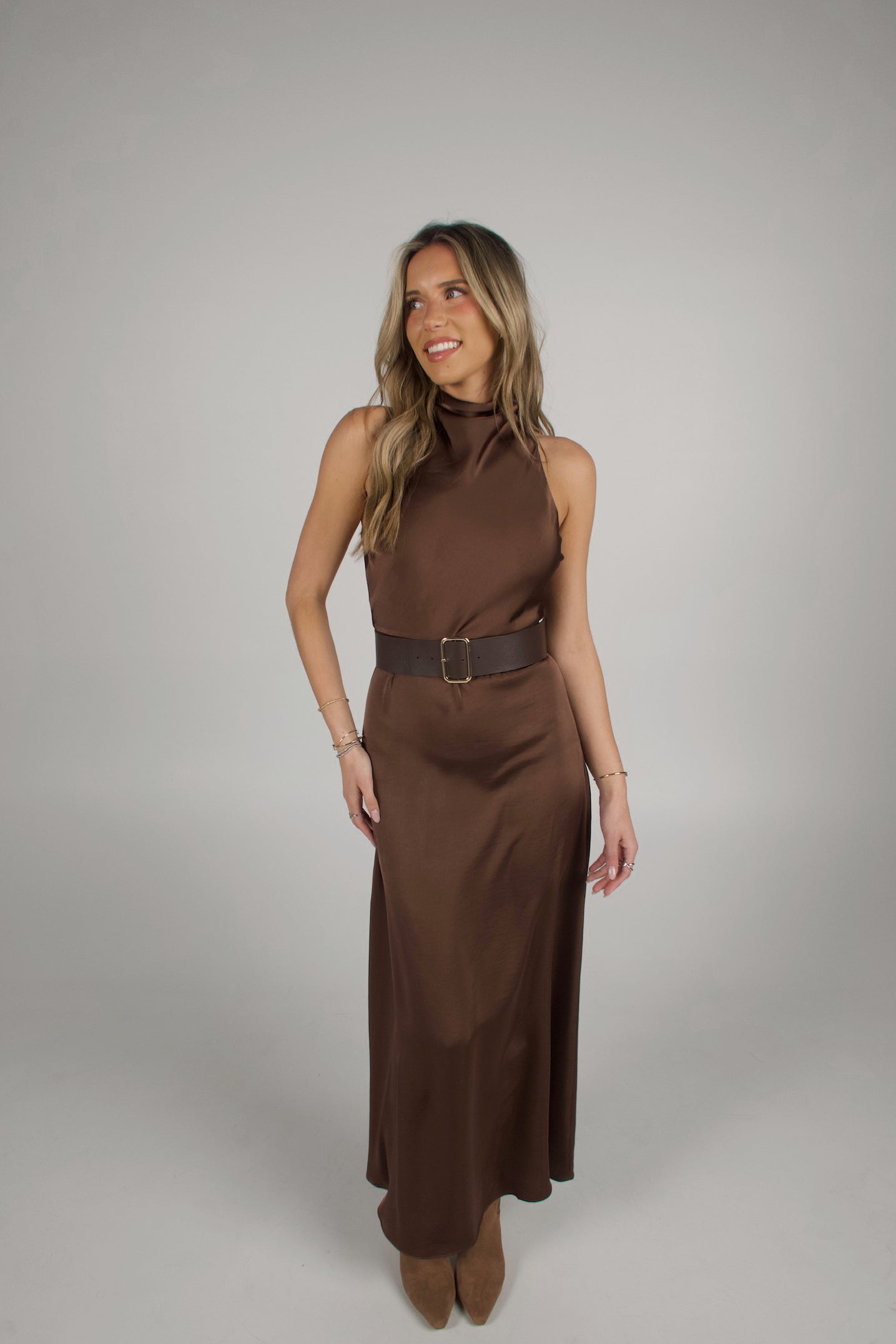 Carmen Belted Satin Maxi Dress