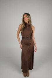 Carmen Belted Satin Maxi Dress
