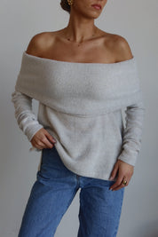 Cozy Luxe Off-Shoulder Hacci Top in Light Grey