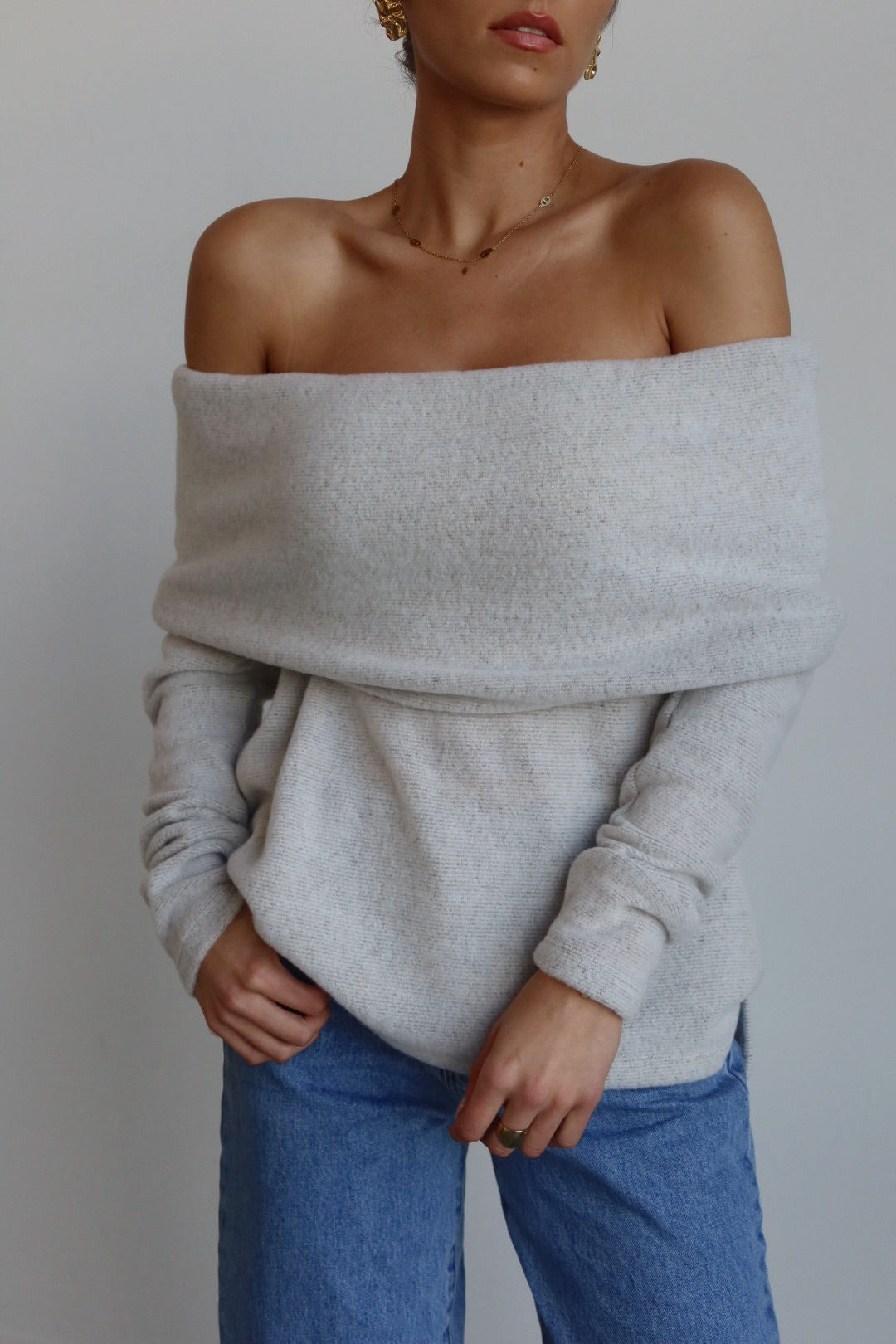 Cozy Luxe Off-Shoulder Hacci Top in Light Grey