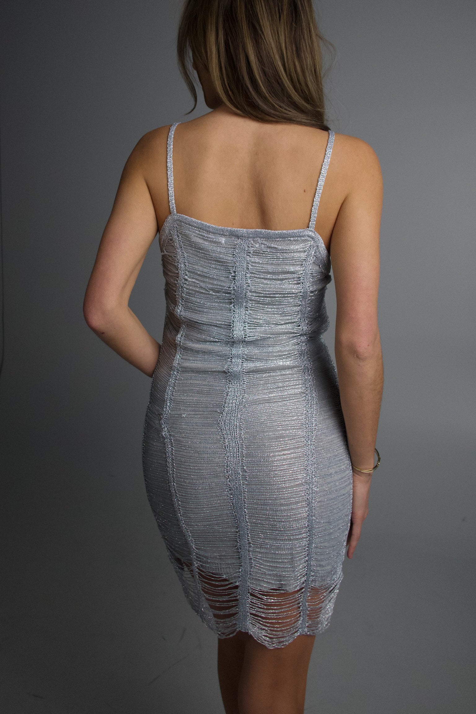 Jasmyn Crochet Shimmer Mini Dress in Silver