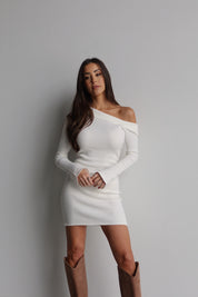 Asymmetric Knit Flutter Dress in White