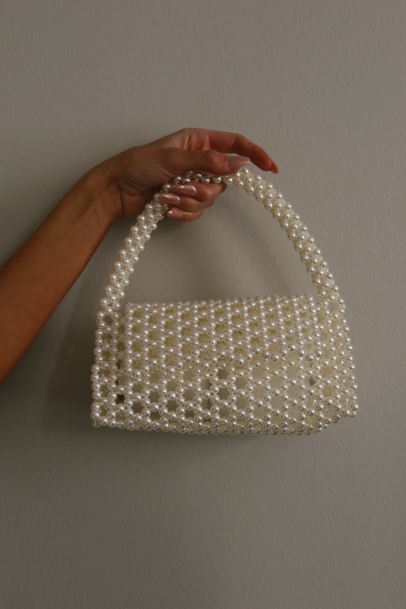 Pearl Bead All Over Handle Bag In White