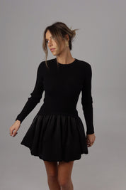 Lane Long Sleeve Knit Bubble Dress in Black