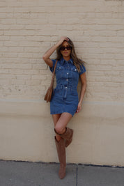 Medium Wash Short Sleeve Denim Mini Dress