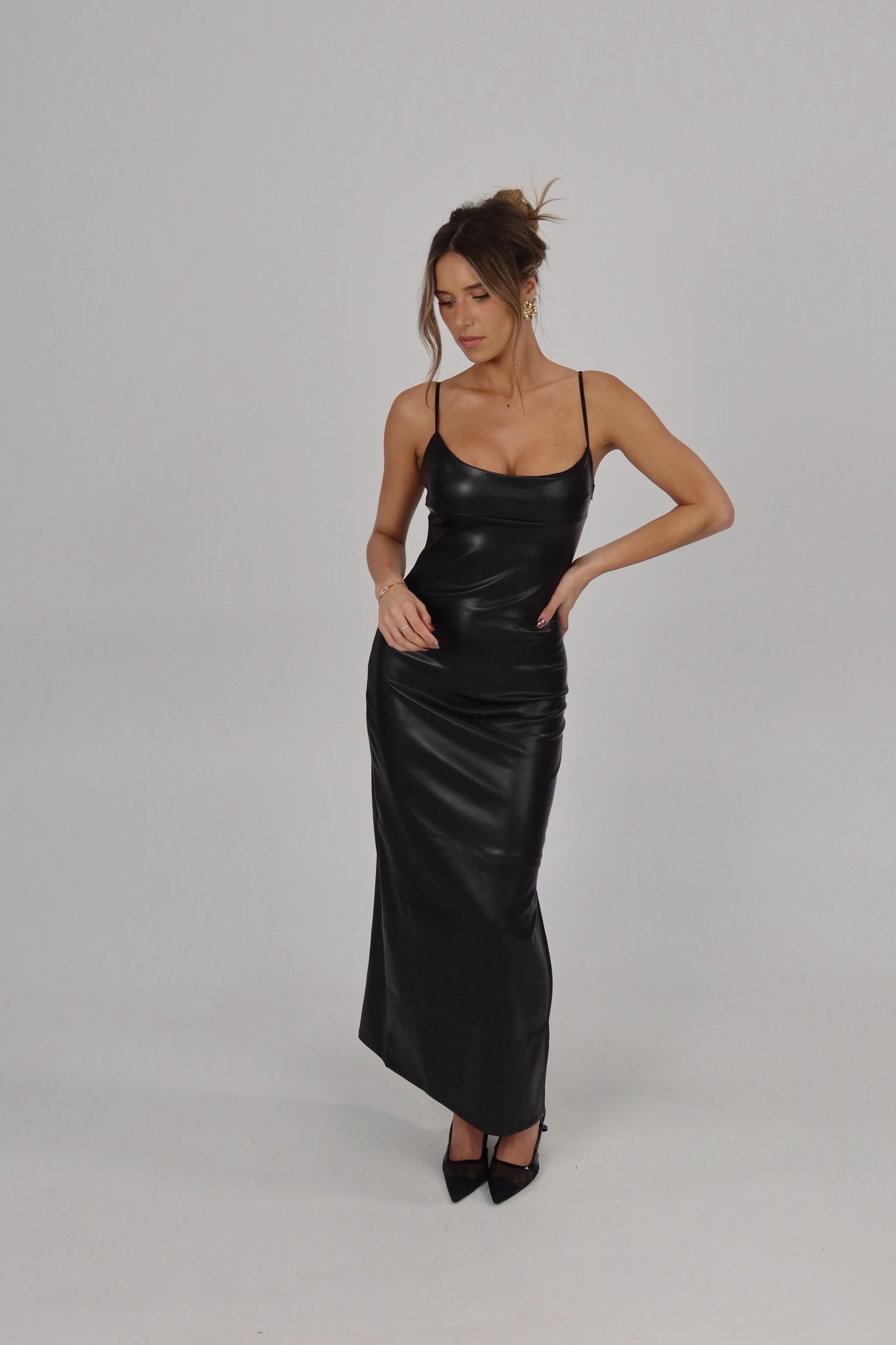 Stella Luxe Backless Vegan Leather Maxi in Black