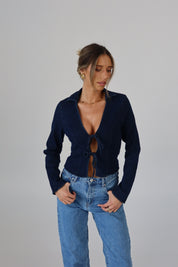 Stretch Denim Tie-Front Collared Top