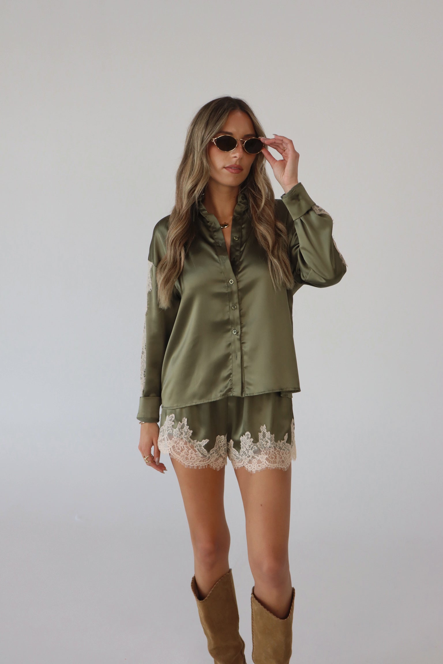 Nevaeh Olive Satin Short Set