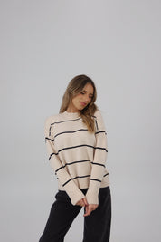 Striped Long Sleeve Sweater in Beige/Black