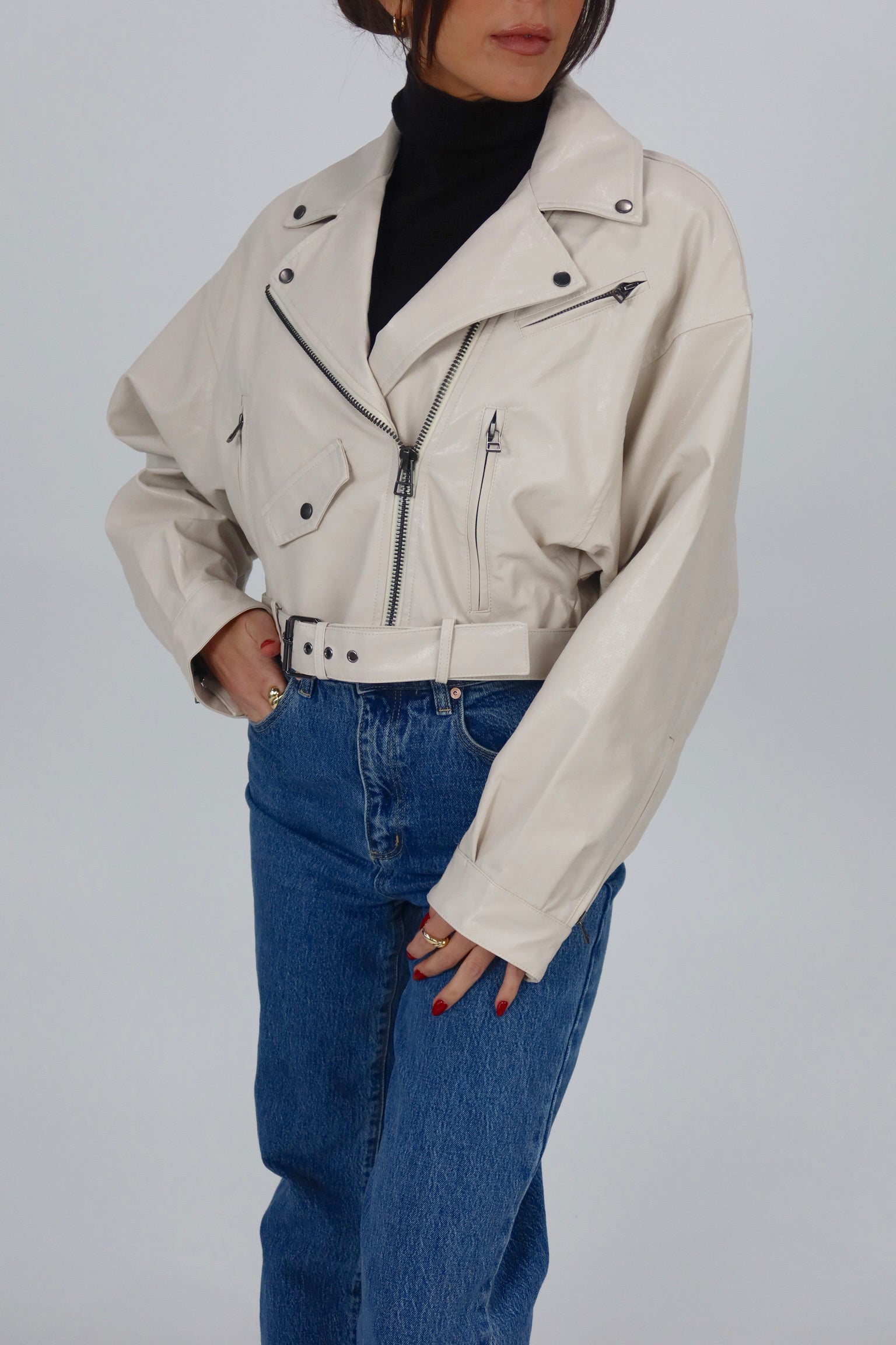 Classic Vegan Leather Jacket in Stone