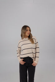 Striped Long Sleeve Sweater in Beige/Black