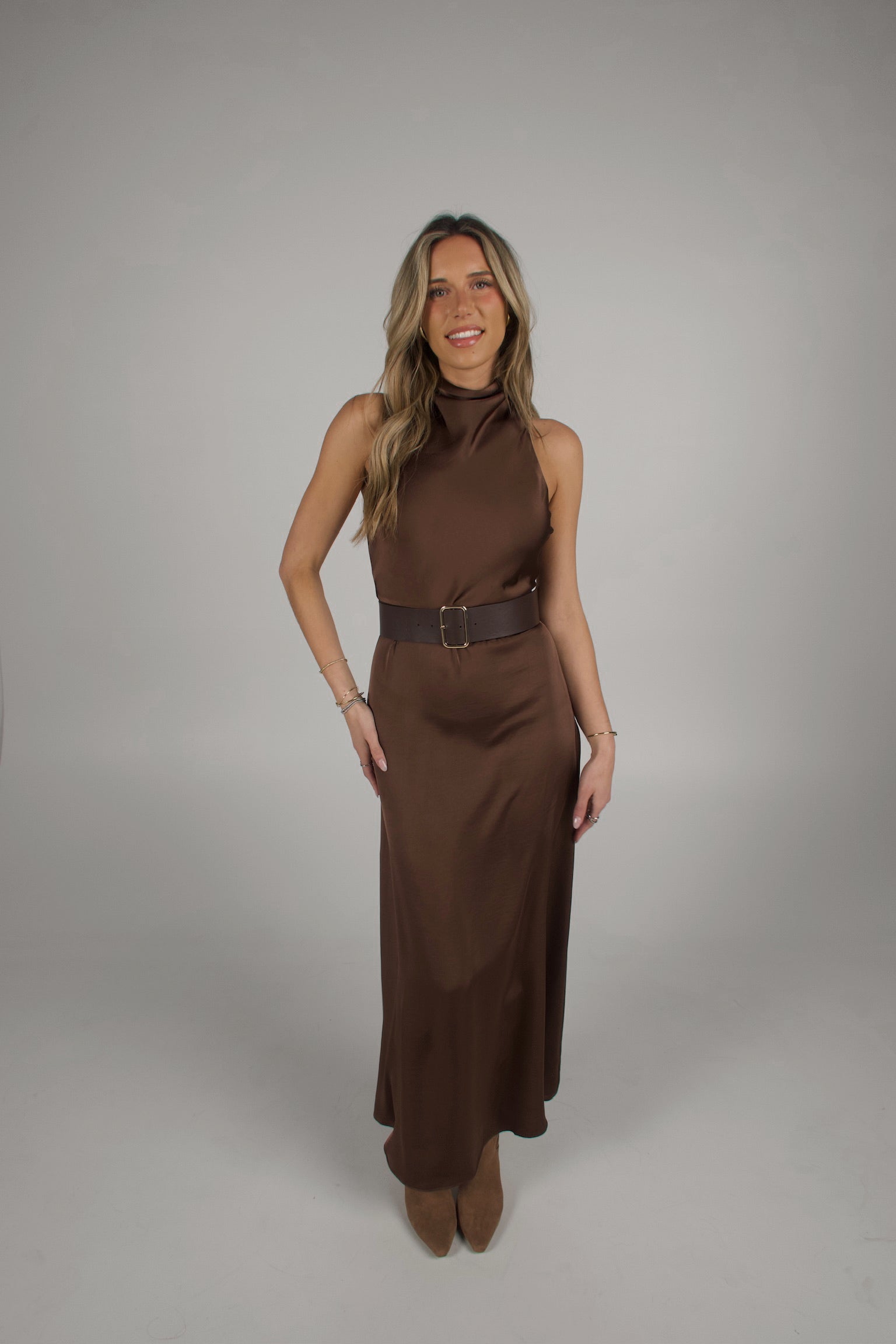 Carmen Belted Satin Maxi Dress