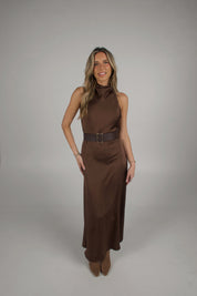 Carmen Belted Satin Maxi Dress